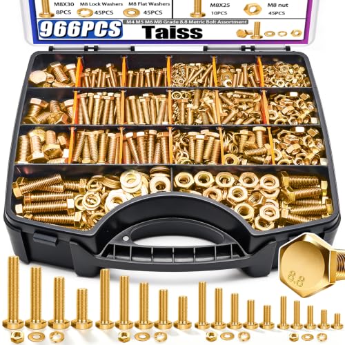 Taiss 966pcs Grade 8.8 Metric Bolt Assortment,Metric Bolts and Nuts Assortment,Bolt Kit M4 M5 M6 M8(12-30mm) Heavy Duty Hex Bolts and Nuts Kit Flat/Lock Washer Yellow Zinc Plated,with Handheld Box - color: Gold-966PCS