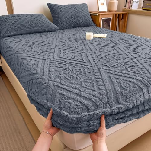 European Damask Embossed Plush Fitted Sheet,King,Blue,80x78inch - color: Blue, size: King(80"x78")