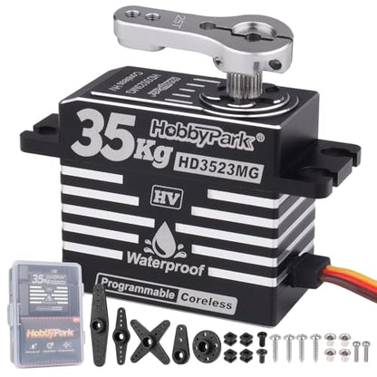 HobbyPark Waterproof RC Servo High Torque Coreless Motor Metal Gear Digital Servo Aluminum Case Parts for 1/8 1/10 RC Crawler RC Truck RC Car Buggy Basher Bashing Control Angle 180° (35kg Torque)