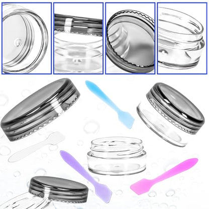 100 Pcs 5g Empty Plastic Containers with Black Lids,Mini Makeup Sample Containers, Small Sample Pot Jars Round Cosmetic Jars with Mini Spatulas for Liquid Sample Powder Creams Lotions - color: Black, size: 100PCS