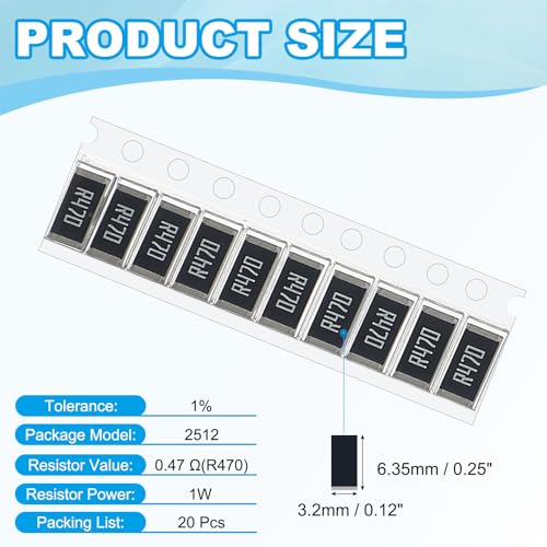 PATIKIL 2512 Surface Mount Device Chip Resistor Kit, 20Pcs 0.47 Ohm 1% Tolerance 1W DIY Resistor Ceramic Resistance Assortment Kits for Electronic Products - style: 0.47 Ohm
