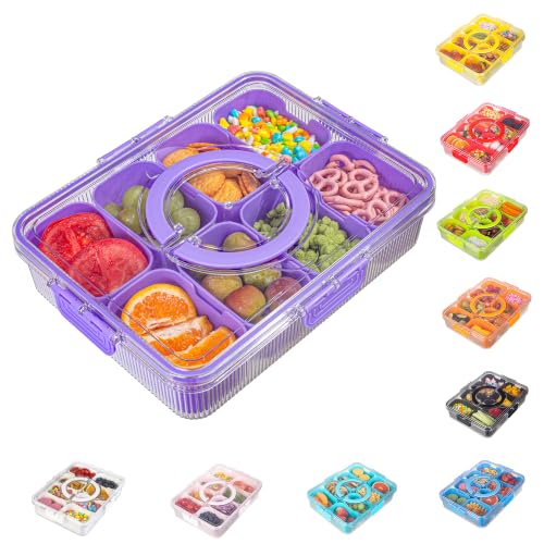 Patent Design Ribbed Snackle Box Container Divided Serving Tray with Lid and Handle -Charcuterie Container Portable Storage Organizer for Candy, Fruit, Beach, Picnics（1 pcs, Purple - color: Purple