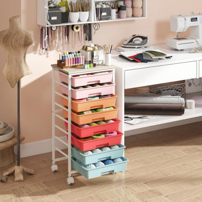 Giantex 8 Drawers Rolling Cart with Wheels, Wood Top, Sturdy Frame - color: Macaron, size: 8 Drawer-15"x11"x30"