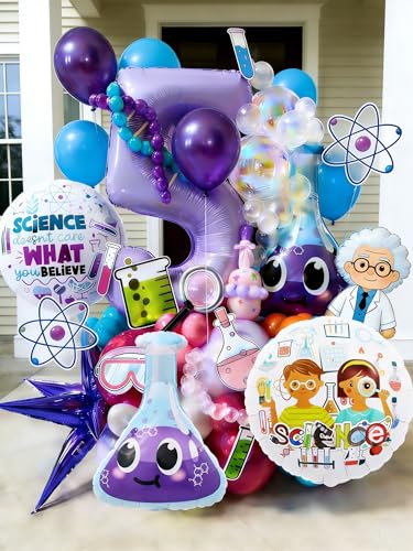 Science Party Decoration Balloons Set,Chemical Lab Birthday Decorations with Purple Flask/Flame/Test Tube/Checkered Balloons，STEM Theme Party Supplies for Kids Science Birthday & Classroom Events