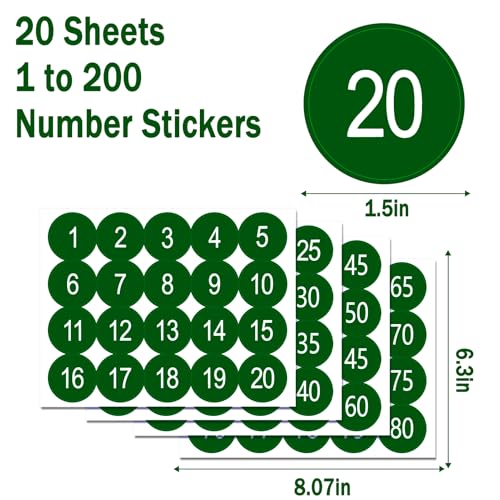 20 Sheets 1.5 Inch Number Stickers 1-200 Number Stickers 2 Sets Green Self-Adhesive Consecutive Sticker Numbers Vinyl Numbered Labels Inventory Sticker Decal for Indoor Outdoor, Storage, Organizing - color: Green,1.5",2sets(1-200)