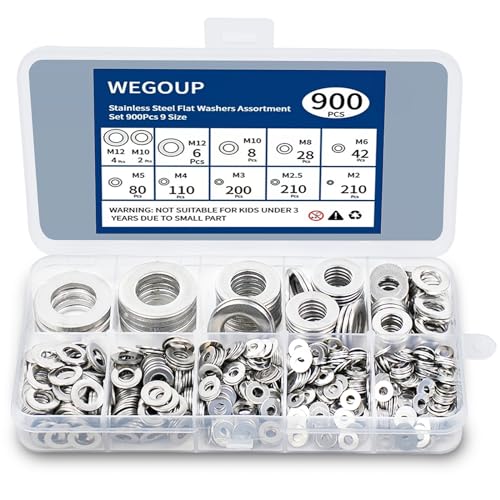 WEGOUP 900 Pcs Stainless Steel Flat Washers for Screws, Assorted Sizes - size: 9 Sizes 900 Pcs