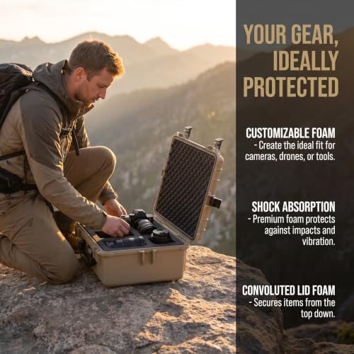 MEIJIA All Weather IP67 Waterproof Hard Camera Case,Hard Protective Case,Hard Case with Customizable Foam,Fit Use of Drones,Camera,Equipments,Pistols(Desert Tan,20.62 x16.85x8.11inches) - color: Desert Tan, size: 20.62 x16.85x8.11inches
