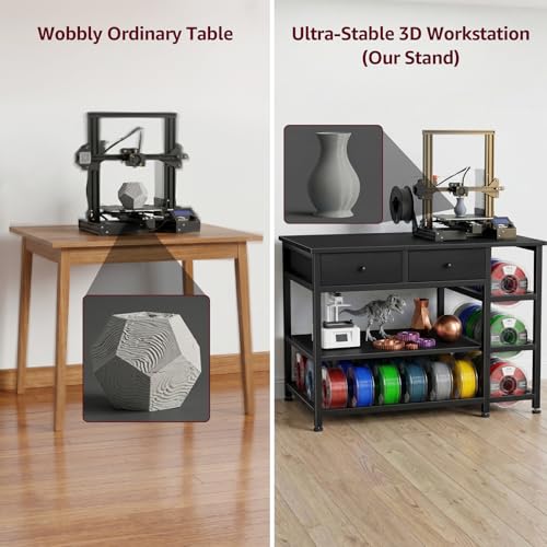 3D Printer Stand with Filament Storage - Heavy Duty 3-Tier 3 D Printer Table Shelf with 2 Fabric Drawers, 3 D Printing Desk for Tools and Supplies（Black）