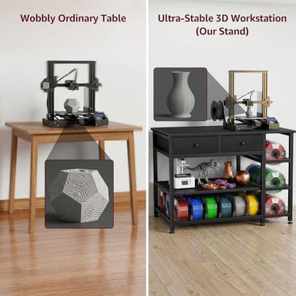 3D Printer Stand with Filament Storage - Heavy Duty 3-Tier 3 D Printer Table Shelf with 2 Fabric Drawers, 3 D Printing Desk for Tools and Supplies（Black）