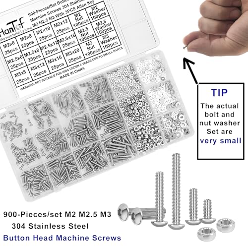 900Pcs Button Head Hex Socket Cap Screws Bolts Nuts Washers Kit, 304 Stainless Steel, Small M2 M2.5 M3 Allen Head Machine Bolts Nuts and Flat Washers Set, Fully Threaded, Come With Hex Wrench