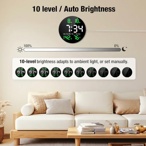 10 Inch Large Digital Wall Clock, LED Round Electric Clocks with Dual Timers (Count Up/Down), 12/24hr Mode, Date, Temperature, Remote Control for Classroom, Home Office, Bedroom (Green) - color: Green