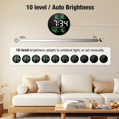 10 Inch Large Digital Wall Clock, LED Round Electric Clocks with Dual Timers (Count Up/Down), 12/24hr Mode, Date, Temperature, Remote Control for Classroom, Home Office, Bedroom (Green) - color: Green