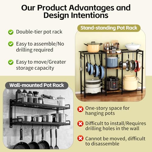 Pot Rack —Expandable Pot and Pan Organizer Rack, Freestanding Kitchen Pot and Pan Rack Storage Stand, Vertical Pan & Lid Hanging, Rustic Wood Top for Kitchen Storage & Organization