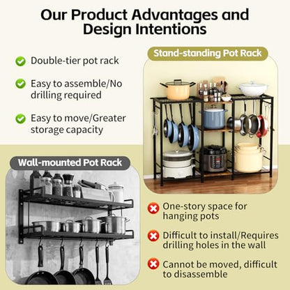 Pot Rack —Expandable Pot and Pan Organizer Rack, Freestanding Kitchen Pot and Pan Rack Storage Stand, Vertical Pan & Lid Hanging, Rustic Wood Top for Kitchen Storage & Organization