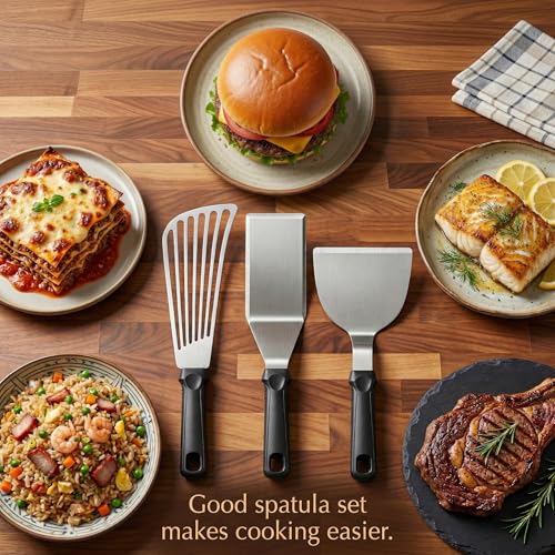 18/0 Stainless Steel Spatulas & 18/8 SS Fish Spatula, Silicone Non-slip Handle, Brushed Metal Spatula Set for Kitchen Use Cast Iron Skillet, BBQ Frying Griddle, Pack of 3 - size: Grilling & Fish Spatulas Set