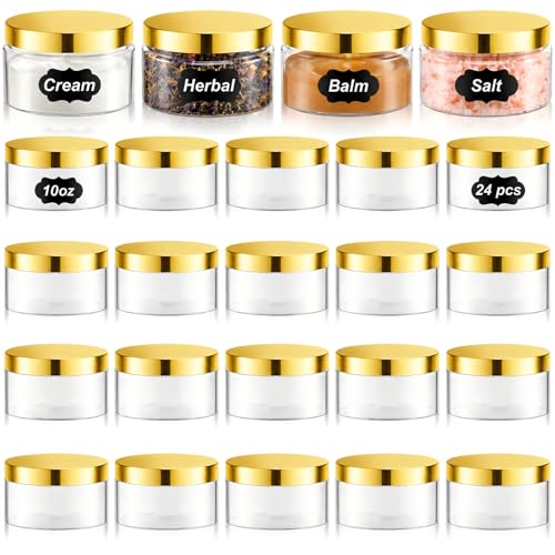 24 Pack 10 oz Clear PET Jars with Gold Lids and Labels for Sugar Scrubs - color: Clear with Gold Lid, size: 10 oz