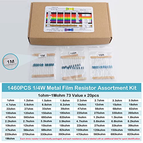 1460Pcs 1/4W 73 Values 1% Precision Metal Film Electronic Resistor Assortment Kit Set 1ohm-1Mohm for Arduino
