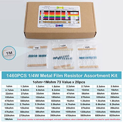 1460Pcs 1/4W 73 Values 1% Precision Metal Film Electronic Resistor Assortment Kit Set 1ohm-1Mohm for Arduino