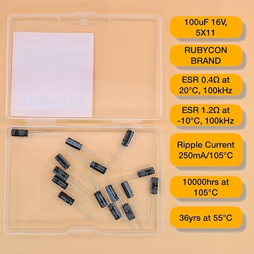 100uF 16V 5x11mm Rubycon Electrolytic Capacitor Low ESR 0.4Ω Long Life 36yrs at 55 Degree C mfd mircofarad Micro Farad Radial Lead Aluminum Capacitors (Pack of 15) - style: 100uF 16V 5x11mm Rubycon