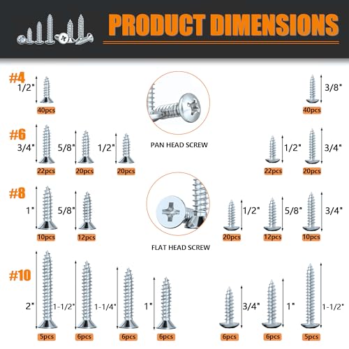 Dianrui 288 PCS Wood Screws Assortment Kit, Assorted Sheet Metal Screws #4/#6/#8/#10, ‌Phillips Drive Pan & Flat Head Screw Set Marine Grade Length 3/8" to 2" - color: Silver, size: 288PCS #4-#10
