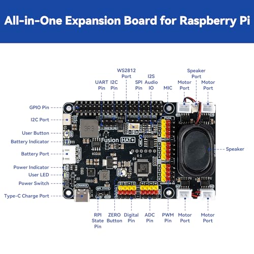 SunFounder Fusion HAT+ Expansion Board for Raspberry Pi 5/4/3B+/Zero 2W, 4 DC Motor Drivers, 12 PWM Servo, ADC, Speaker & Mic, Works with AI LLMs（ChatGPT/Gemini）