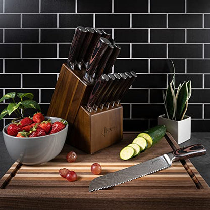 SENKEN 16-Piece Knife Block Set - Japanese High Carbon Stainless Steel with Damascus Pattern, Dark Wood Handles, 6 Steak Knives & Acacia Hardwood Block (Brown) - color: Brown