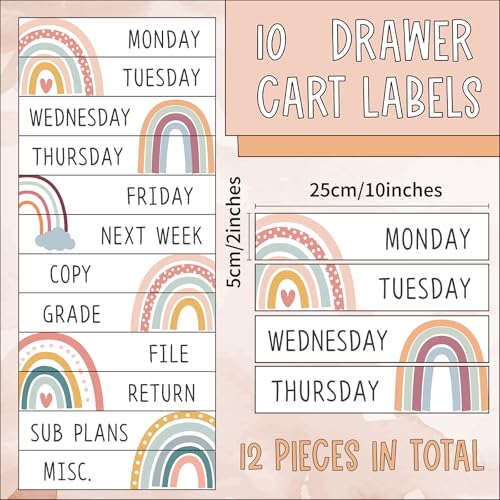 12 Pieces Rolling Storage Cart Labels 10 Drawer Rolling Storage Cart Label Boho Classroom Decor for Teacher Office School Classroom Organization - style: Bohemian