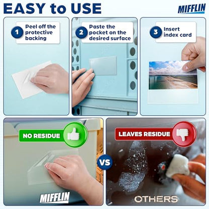 Mifflin-USA - Index Card Holder - 2x3.5”, 100 Pack - Clear Self-Adhesive Pockets - Label Holders for Organizing Storage Bins & Containers - Plastic Sleeves for Protecting Cards & Labels - size: 2x3.5” (Pack of 100)