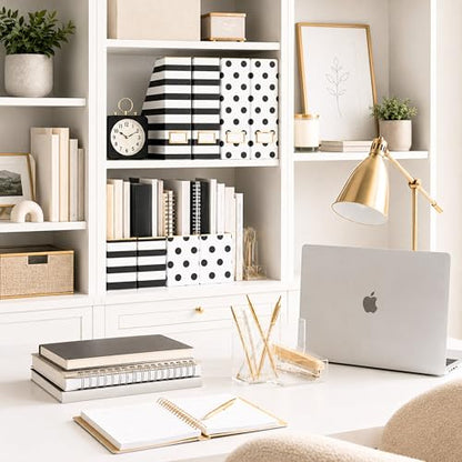 BLU MONACO | Cardboard Magazine File Holder Set of 4 | Vertical Magazine File Holder for Desk and Shelves | Standing File Holder for Classroom School Paper Storage - color: Gold Dots Black Stripes