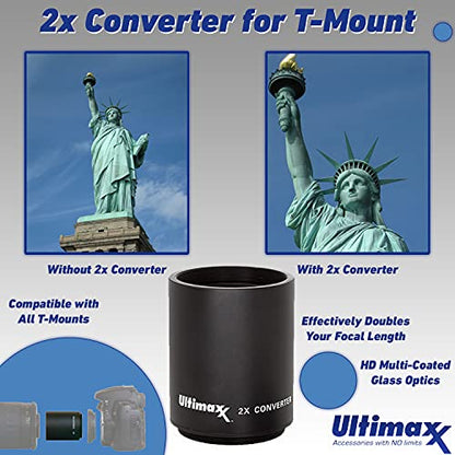 Ultimaxx 420-800mm (w/Converter 840-1600mm) f/8.3-16 Manual Telephoto T-Mount Lens Kit for EOS Rebel T5i, T6, T7, T6i, T6s, T7i, T8i, SL2, SL3, 60D, 70D, 77D, 80D, 90D, 5D Mark IV, 7D Mark II & More