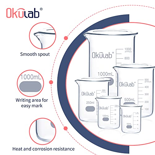 Glass Beaker Set, Low Form, Graduated 3.3 Borosilicate Glass Beakers (I PC of 50 100 250 500 1000ml) for Lab, Classroom, Craft, Kitchen, BKLGS5A1 - style: Vol.50ml,100ml,250ml,500ml,1000ml
