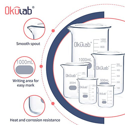 Glass Beaker Set, Low Form, Graduated 3.3 Borosilicate Glass Beakers (I PC of 50 100 250 500 1000ml) for Lab, Classroom, Craft, Kitchen, BKLGS5A1 - style: Vol.50ml,100ml,250ml,500ml,1000ml