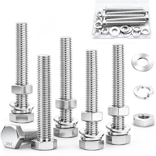 5 Sets 3/8-16 x 3 Stainless Steel Hex Head Screws Bolts, Nuts, Flat & Lock Washers,18-8(304) Full Thread - color: Silver-hex, size: 3/8-16×3"(5 sets)