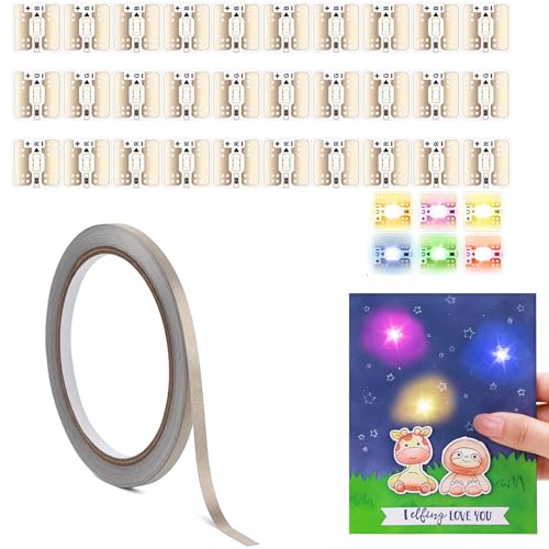 30 Pcs Aninating Rainbow Blink LED Circuit Stickers Light Craft Kit for Making Light-Up Cards Projects, with 1 Roll Conductive Fabric Tape, Add Lights to Holidays, Birthdays and Special Cards Decor - color: 30 LED + 1 Conductive Tape C