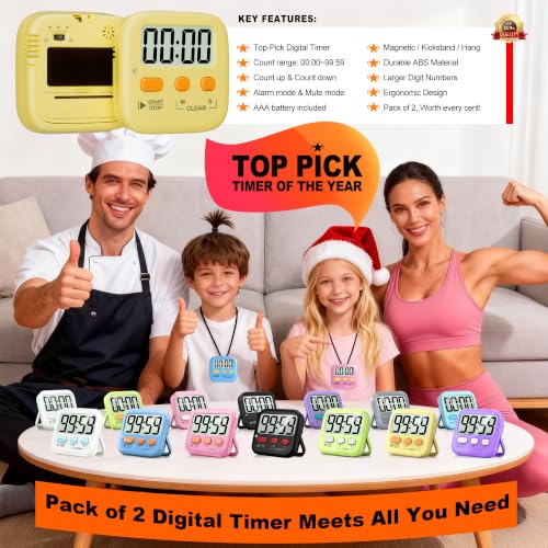 Antonki 2 Pack Digital Timer for Kids Classroom Kitchen Timers for Cooking - color: Yellow