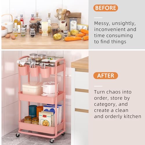 JIUYOTREE 3-Tier Plastic Rolling Storage Cart Utility Cart Pink - color: Pink, size: 3-Tier