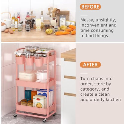 JIUYOTREE 3-Tier Plastic Rolling Storage Cart Utility Cart Pink - color: Pink, size: 3-Tier