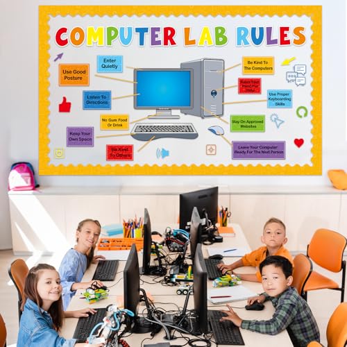 Computer Lab Rules Bulletin Board Decoration Set Science Classroom Decoration Computer Motivational Paper Cutouts for Back to School Home Wall Door Party Supplies - style: Computer lab
