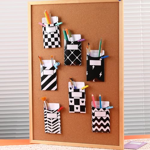 50 Pcs Black & White Classroom Jobs Bulletin Board Pocket Chart Set 10 Unique Designs Library Pockets 3.5x5 Inches Card Stock Envelopes with Adhesive Dots for Back to School Classroom - color: Black N White, size: 3.5x5 IN - 50 Count