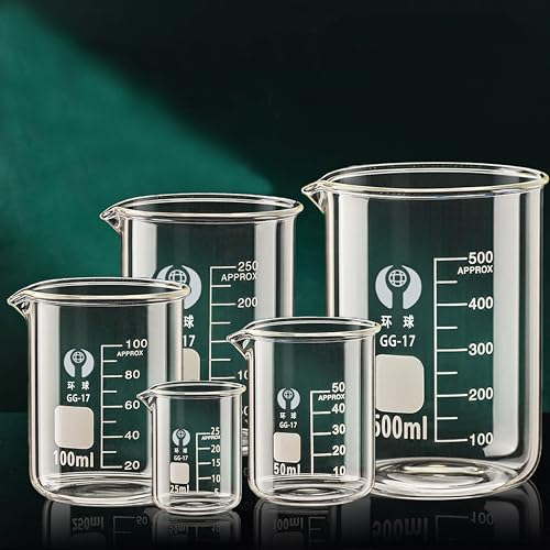 5 Size Upgraded Glass Measuring Beaker Set 25ml 50ml 100ml 250ml 500ml (Pack of 5),3.3 Borosilicate with Printed Graduation Scientific Glassware for Laboratories, Classrooms or Home Use