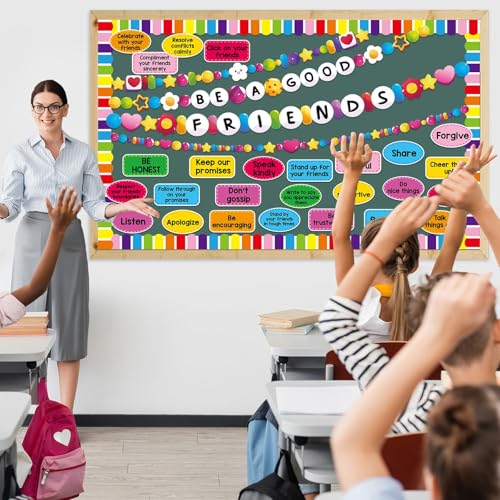 Back to School Bulletin Board Set Friendship Bracelet Classroom Decorations Motivational Paper Cutouts Friendship Bulletin Board Borders for Classroom Home Office School Chalkboard Wall Door Decor - style: Friendship Bracelet