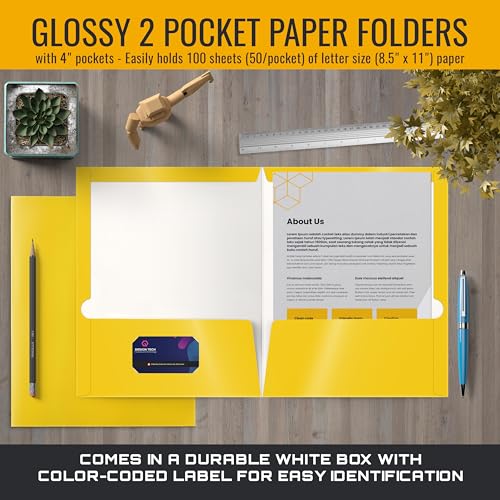 Better Office Products 2 Pocket Glossy Laminated Yellow Paper Folders, Letter Size, 25-Pack, Yellow Paper Portfolios, Box of 25 - color: Yellow