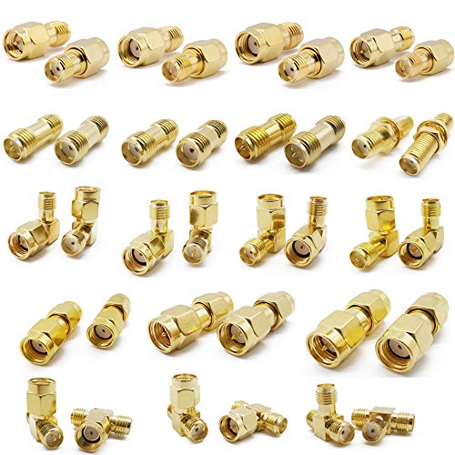 SMA Connectors kit 18 Type RP-SMA Adapter Plug and Jack Straight and 90° SMA Connector Goldplated Brass RF Coax Connectivity Set for FPV Antennas Radio Baofeng Yaesu IP Camera Project