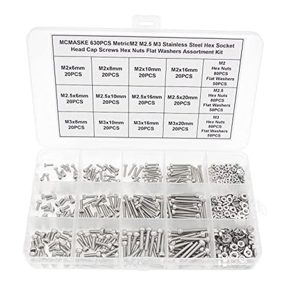 630PCS M2-M3 304 SS Knurled Socket Head Cap Screw Nut & Washer Kit - size: M2M2.5M3