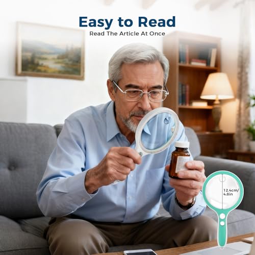Large Magnifying Glass with Light,10X 25X 45X 60X Handheld Illuminated Lighted Magnifier, 5in Page Reading Magnifier with 12 LED Lights for Seniors Reading, Coins, Jewelry, Close Work - Green - color: Green