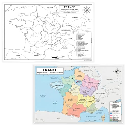 France Map Poster 11x17 | Laminated Double-Sided Geography Chart with Color Map Front & Blank Outline Back | Reusable Classroom & Homeschool Learning Tool - color: France