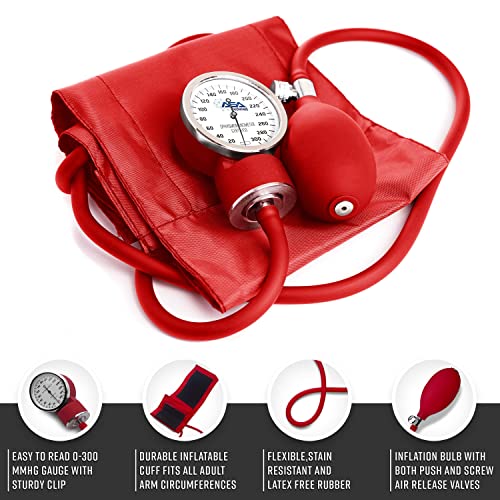 ASA TECHMED Nurse Essentials Professional Kit with Handheld Travel Case | 3 Part Kit Includes Adult Aneroid Sphygmomanometer Blood Pressure Monitor, Stethoscope, Diagnostic Otoscope (Red) - color: Red