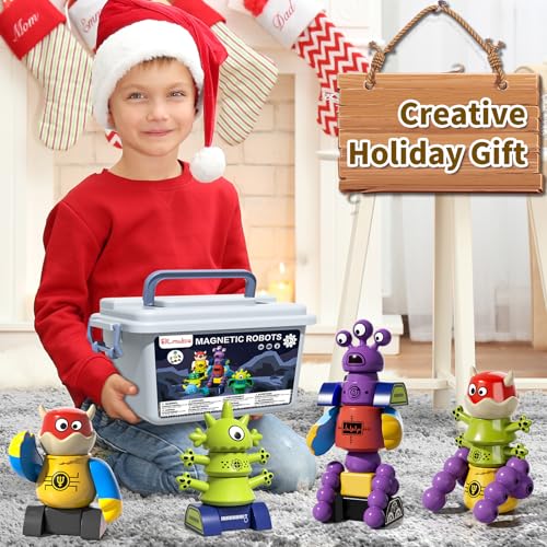 Magnetic Robot Toy for Kids 3-5, 35 PCS STEM Educational Playset with Storage Box, DIY Stacking Monster Robots, Kids Creative Alien Toys Gift for Boys Girls (Christmas Birthday) - color: Monster