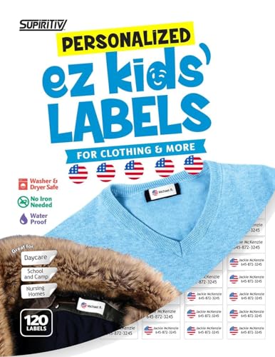 120 Custom Personalized Waterproof Name Labels | Flag USA Round Icon | Self Stick | Clothing, School, Camp, Toys, All Purpose | Ez Kids and All Ages | Washer, Dryer & Dishwasher Safe | No-Iron - color: Flag Usa Round Icon