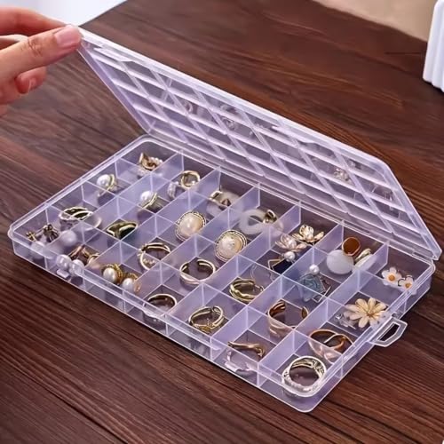 24-Compartment Transparent Plastic Storage Box—suitable for storing jewelry, beads, craft accessories, small parts, earrings, rings, screws, and various small items.